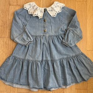 Zara Girls Denim Dress Lace Peter Pan Collar Size 6